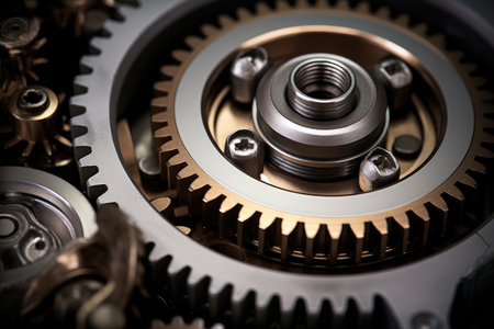 Close Up Of Metallic Gears And Auto Parts.の素材