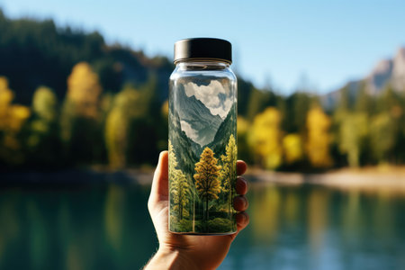 Hand Holding Reusable Thermo Water Bottle With Nature Background.の素材