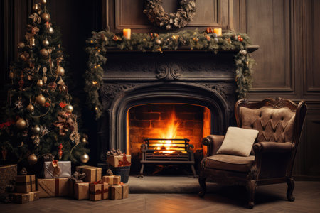 Fireplace With Decorations And Christmas Tree.の素材