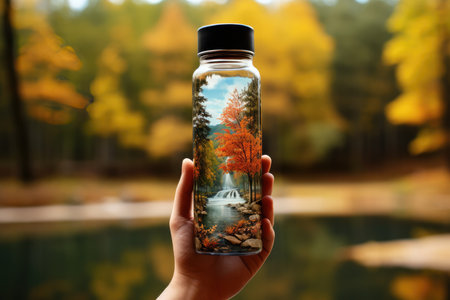 Hand Holding Reusable Thermo Water Bottle With Nature Background.の素材