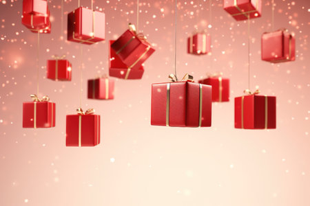 Hanging Gift Box Frame On Red Background, Minimal 3D Rendering.の素材