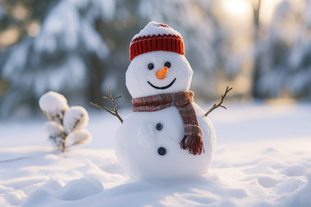 Snowman In Winter Christmas Scene With Snow And Warm Light.の素材