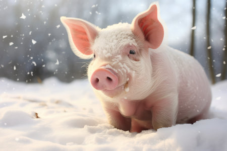 Santa Claus Pig Enjoys The Snowy Scenery.の素材