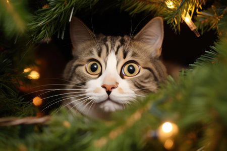 Happy Cat Took Down The Apartments Christmas Tree. Ð¡oncept Funny Animal Videos, Holiday Mishaps, Cats Vs Christmas Trees, Hilarious Pet Antics.の素材