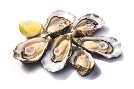 Fresh Open Oysters With Lemon On White Background.の素材