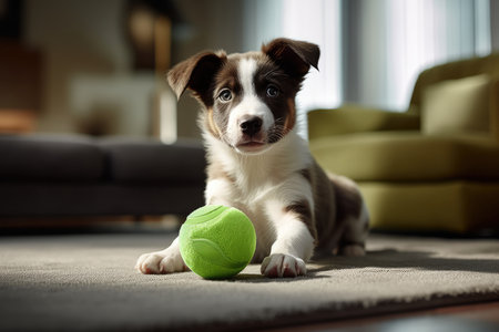 Dog Playing With Green Ball In Living Room. Ð¡oncept Pet Toys For Indoor Entertainment, Interactive Playtime With Dogs, Keeping Dogs Active At Home, Fun Indoor Activities For Dogs.の素材