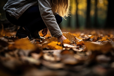 Person Tending To Fallen Leaves In Autumn.の素材