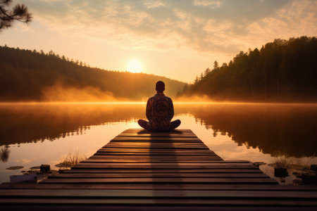 Meditating Person Emphasizing Tranquility And Relaxation. Ð¡oncept Nature-Inspired Yoga Poses, Serene Mindfulness Practices, Zen Garden Serenity, Calm And Peaceful Retreat, Inner Balance And Harmony.の素材