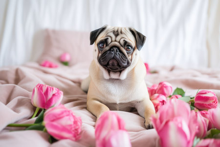 Pug Dog With Peony Bloom On Bed, Adding Humor. Ð¡oncept Funny Pet Costumes, Hilarious Pug Expressions, Unexpected Props, Pug And Flower Love.の素材