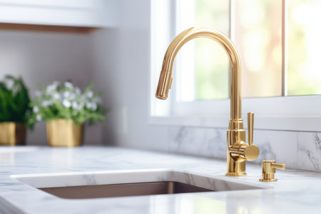 Luxury Gold Faucet And Marble Countertop Kitchen Sink. Concept Gold Kitchen Accessories, Modern Marble Sink, Upscale Faucets, Elegant Kitchen Upgrades.の素材