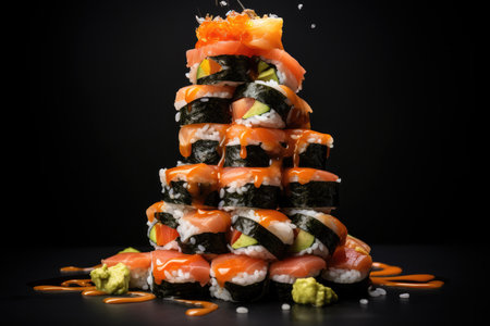 Stack Of Sushi On Black Background.の素材