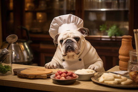 Chef Bulldog Prepares Food In Homely Kitchen Atmosphere.の素材