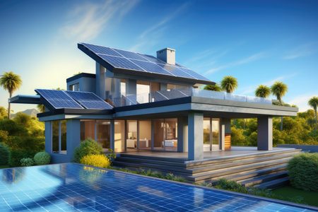 Expensive Home With Blue Solar Panels For Renewable Energy.の素材