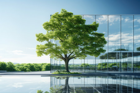 Ecofriendly Glass Office Building With Tree, Reduces Co. Concept Carbon Footprint, Sustainable Design, Green Architecture, Urban Greenery.の素材
