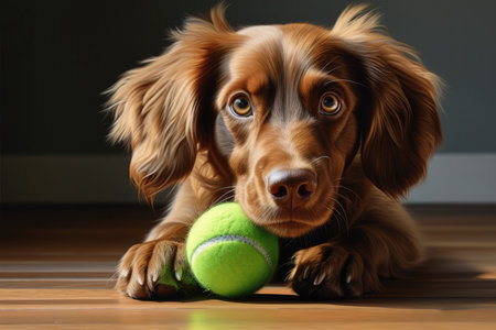 Dog Playing With Green Ball In Living Room.の素材