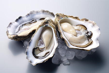Fresh Open Oysters With Lemon On White Background.の素材