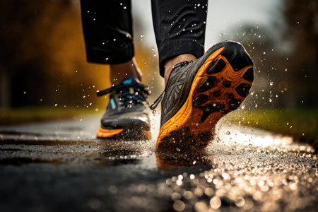 Legs And Shoes Of Runner In Rainy Autumn Weather.の素材