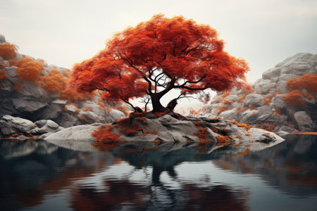 Illustration Of Red Tree In The Middle Of River Natures Art.の素材
