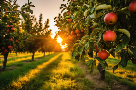 Organic Fruit Farm With Apple Trees In Golden Hour.の素材