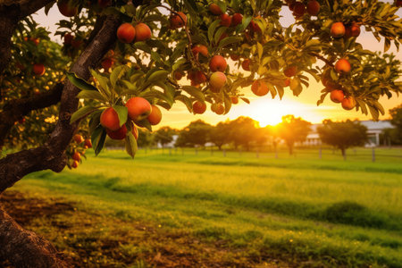 Organic Fruit Farm With Apple Trees In Golden Hour.の素材
