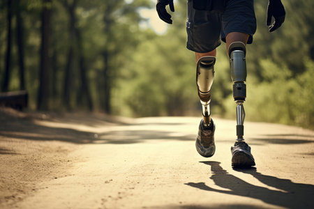 Person With Prosthetic Leg Treks Outdoors, Space For Text.の素材