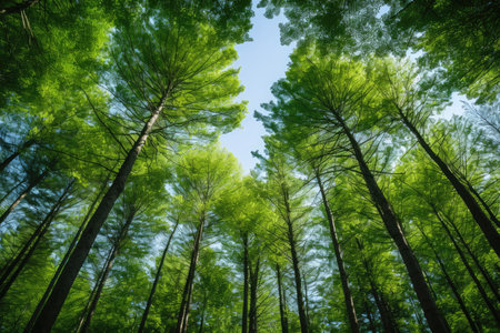 Looking Up At Green Tree Tops In Italy. Ð¡oncept Italian Cuisine, Famous Landmarks Of Italy, Traditional Italian Art And Architecture, Beautiful Coastal Views.の素材