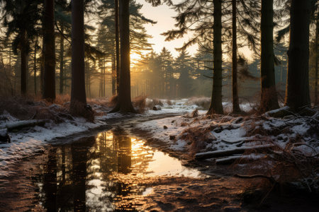 Tranquil Winter Sunset In Woodland Setting. Concept Adventurous Hiking Trails, Relaxing Beach Getaway, Vibrant Fall Foliage, Cozy Cabin Retreat.の素材