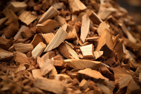 Wood Waste Transformed Into Biomass Fuel For Clean Energy. Concept Sustainable Energy Solutions, Renewable Fuel Sources, Waste-To-Energy Conversion, Green Energy Innovation, Biomass Fuel Production.の素材