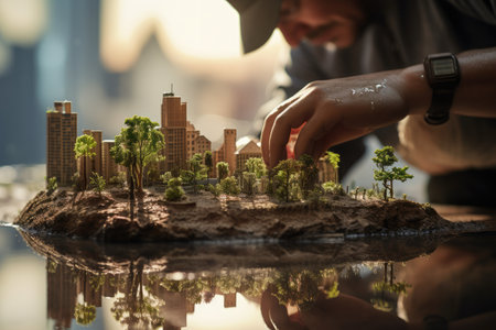 Person Plants Trees In Deforested Area For Reforestation Projectdroplet Reflecting Cityscape, Symbolic Of Urban Life And Water.の素材