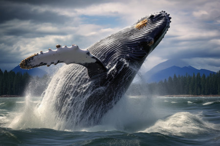 Stunning Scenic Wallpaper Of Breaching Humpback Whale. Concept Wild Mountain Landscapes, Majestic Waterfalls, Autumn Foliage, Peaceful Beach Sunsets, Vibrant Floral Gardens.の素材