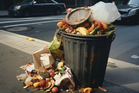 Trash Can Full Of Food Waste On City Street.の素材