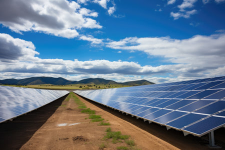 Solar Farm Generates Clean, Renewable Energy, Reduces Global Warming. Concept Sustainable Agriculture, Eco-Friendly Transportation, Renewable Energy For All, Waste Reduction And Recycling.の素材