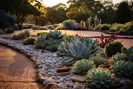 Xeriscaping As Watersaving Landscaping Technique. Concept Drought-Tolerant Plants, Water-Efficient Irrigation, Natural Mulching, Rainwater Harvesting, Permeable Pathways.の素材
