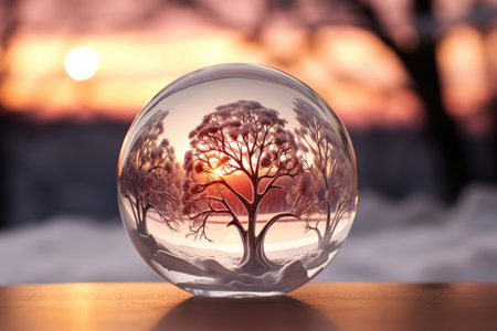 Winterthemed Glass Ball With Tree On Frosty Background.の素材