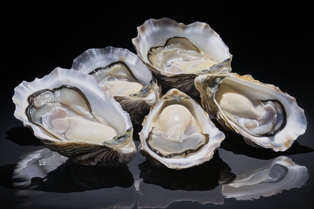 White Background With Six Fresh Oysters.の素材