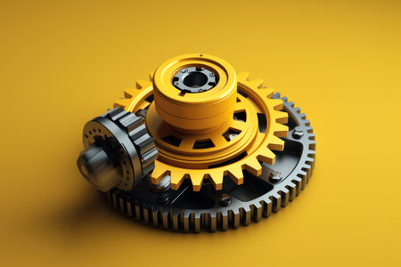 3D Isometric Yellow Machine Gear Wheel Badge Photorealism.の素材