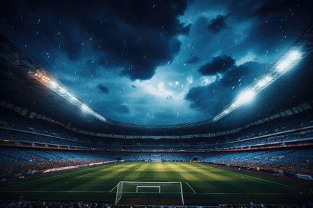 Atmosphere Of Soccer Stadium Captured. Concept Soccer Fans In Full Force, Electric Atmosphere, Rivalry And Excitement, Touchline Drama, Roars Of The Crowd.の素材