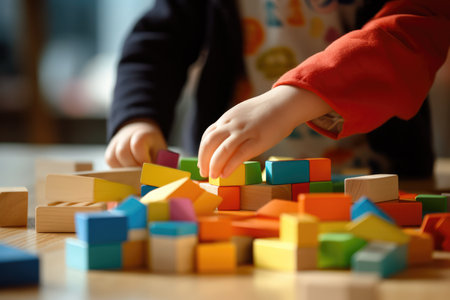 Close Up Of Childrens Hand Playing With Colorful Building Blocks In Art Photorealism.の素材