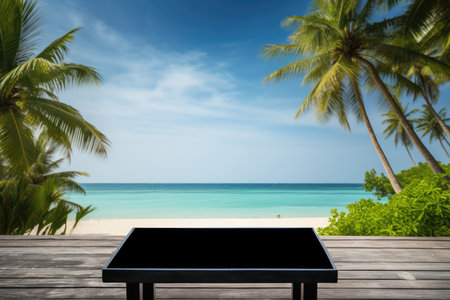 Black Table Against Tropical Beach Background, Versatile Display.の素材