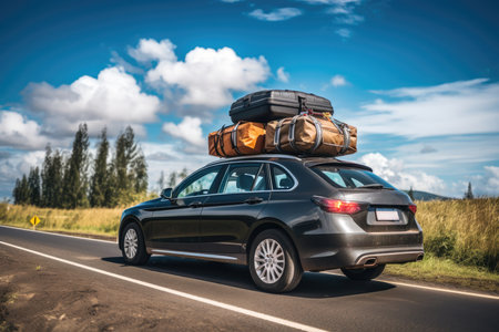 Car On The Road With Numerous Suitcases On The Roof. Concept Traveling With Excess Baggage, Road Trip Essentials, Overpacked Adventures, Rooftop Luggage Challenge, Traveling In Style.の素材