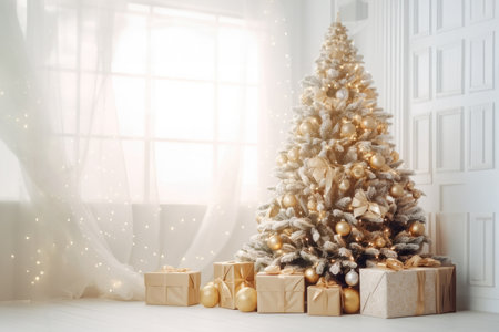 Close Up Of Beautiful Christmas Tree With Presents On Floor. Ð¡oncept Christmas Tree Decorations, Presents, Holiday Cheer.の素材