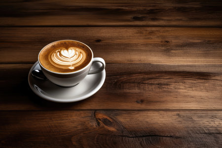 Coffee Cup On Wooden Table With Wood Grain And Texture Dark Brown Wooden Wall Background High Quality Photo Photorealism.の素材