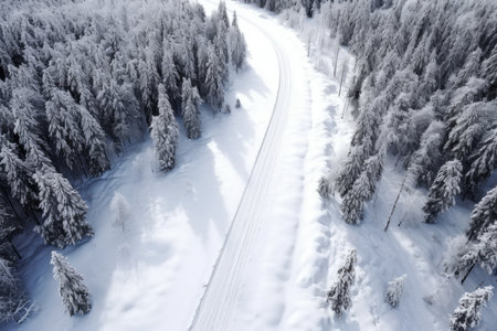 Car Tracks On The Road In The Snow, Top View Photorealism.の素材