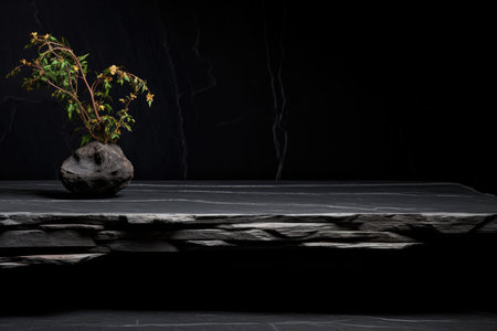Dark Stone Platform Against Black Backdrop, Stylish And Modern Photorealism.の素材