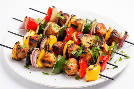Chicken And Vegetable Kebabs On White Plate On White Background.の素材