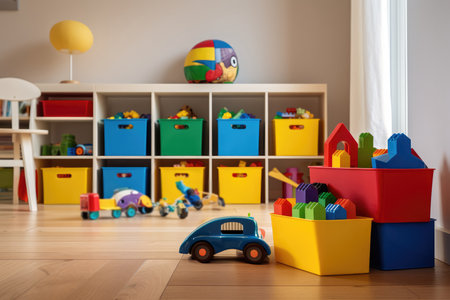 Childrens Room With Colorful Toy Storage, Organized View Photorealism.の素材