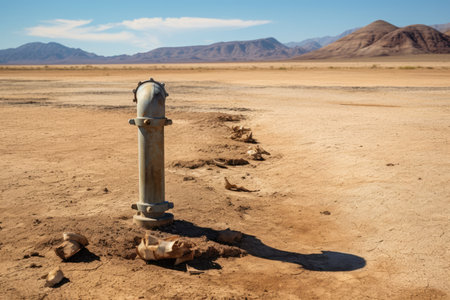 Dry Desert With Old Water Pipe, Symbolizing Water Scarcity. Concept Urban Street Art, Graffiti Murals, Vibrant City Life, Cultural Festivals, Architectural Marvels.の素材