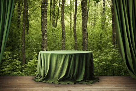 Empty Round Wooden Table With Green Curtain And Forest Background Photorealism.の素材