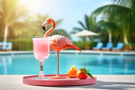 Glass Podium On Water Surface For Product Showcase Flamingo Lounging By Pool With Fruit Cocktail, Tropical Paradise.の素材