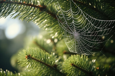 Focus On Spider On Web In Pine Tree.の素材